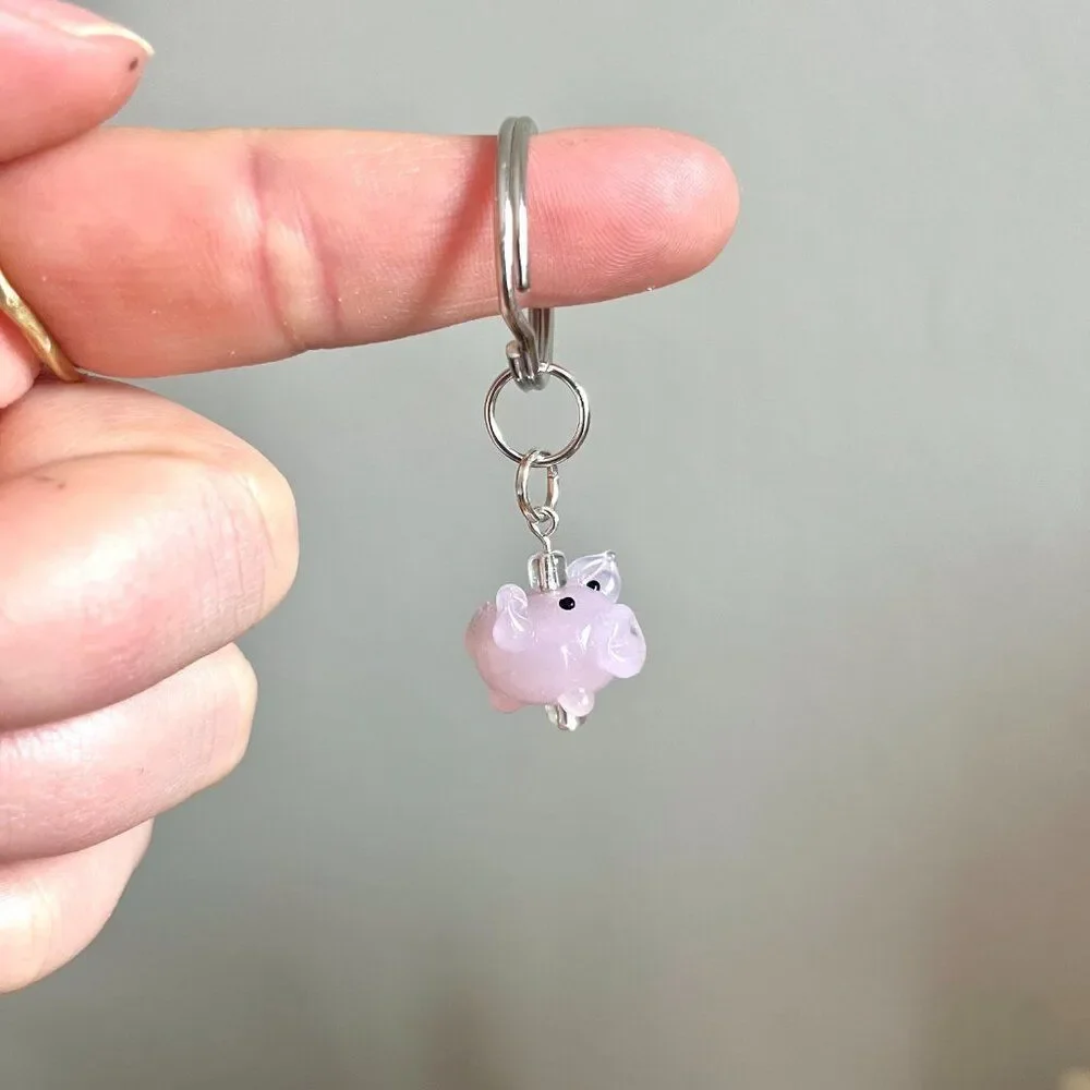 Glass Pink Pig Charm Key Chain
